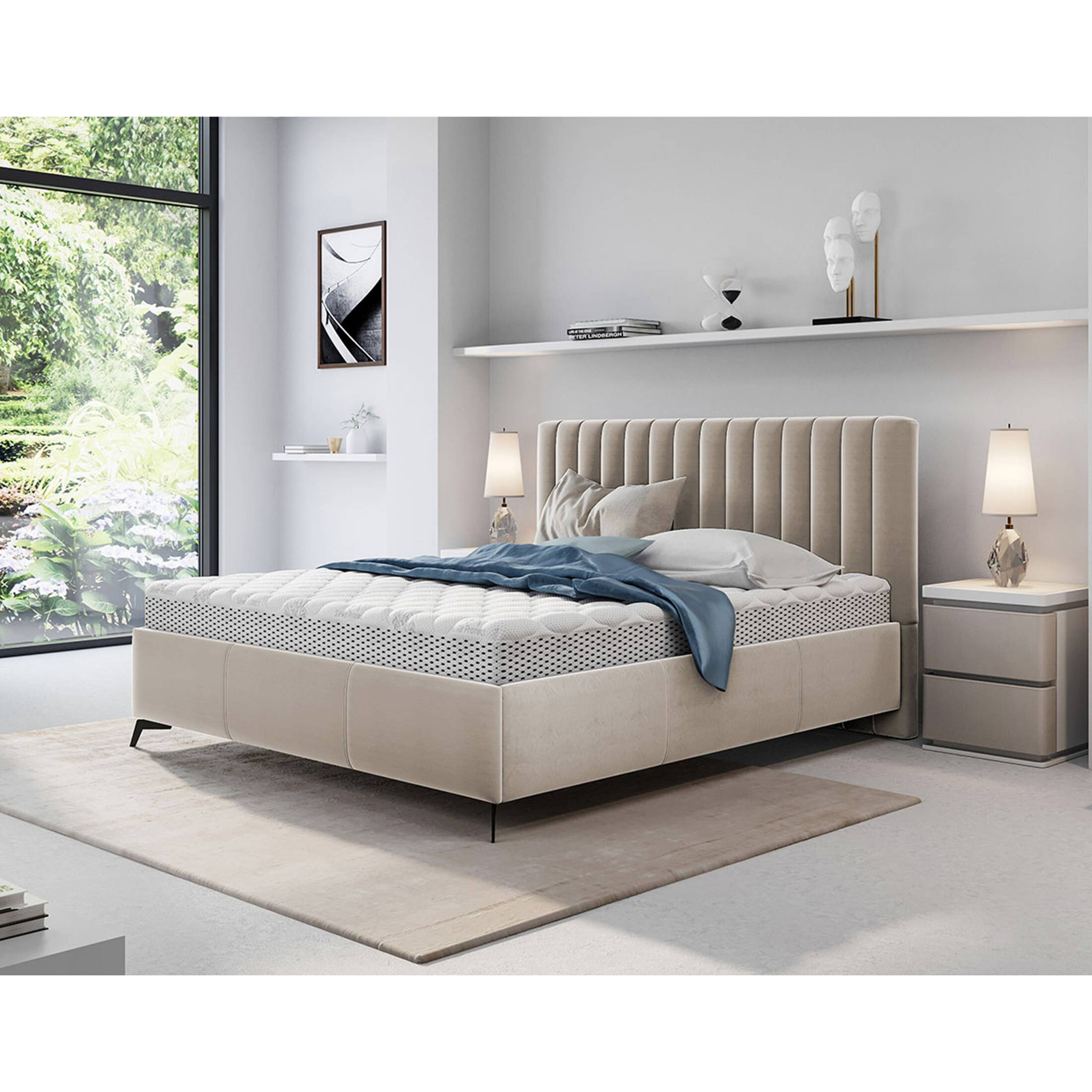 Mendoza - lit coffre - 140x200 - sommier inclus - en velours - Beige