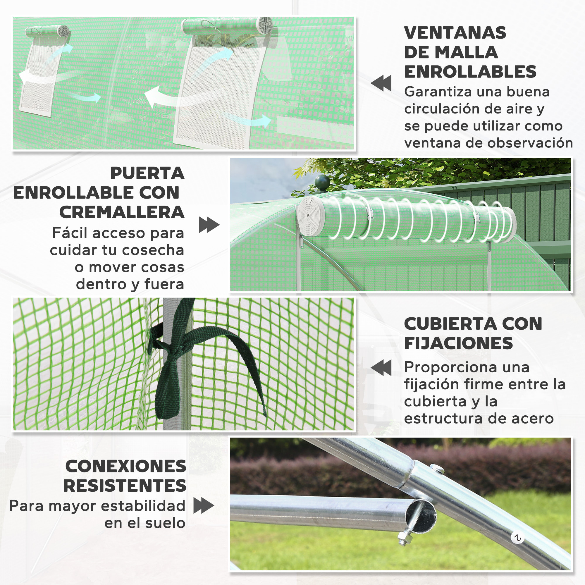 Invernadero de Exterior 6x3x2 m, Invernadero de Túnel con Puerta Enrollable, 8 Ventanas de Malla, Cubierta PE 140g/m² y Marco de Acero Galvanizado, Anti-UV, Impermeable, para Cultivos, Verde