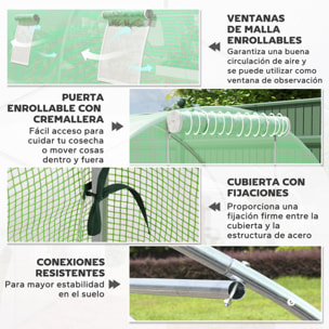 Invernadero de Exterior 6x3x2 m, Invernadero de Túnel con Puerta Enrollable, 8 Ventanas de Malla, Cubierta PE 140g/m² y Marco de Acero Galvanizado, Anti-UV, Impermeable, para Cultivos, Verde