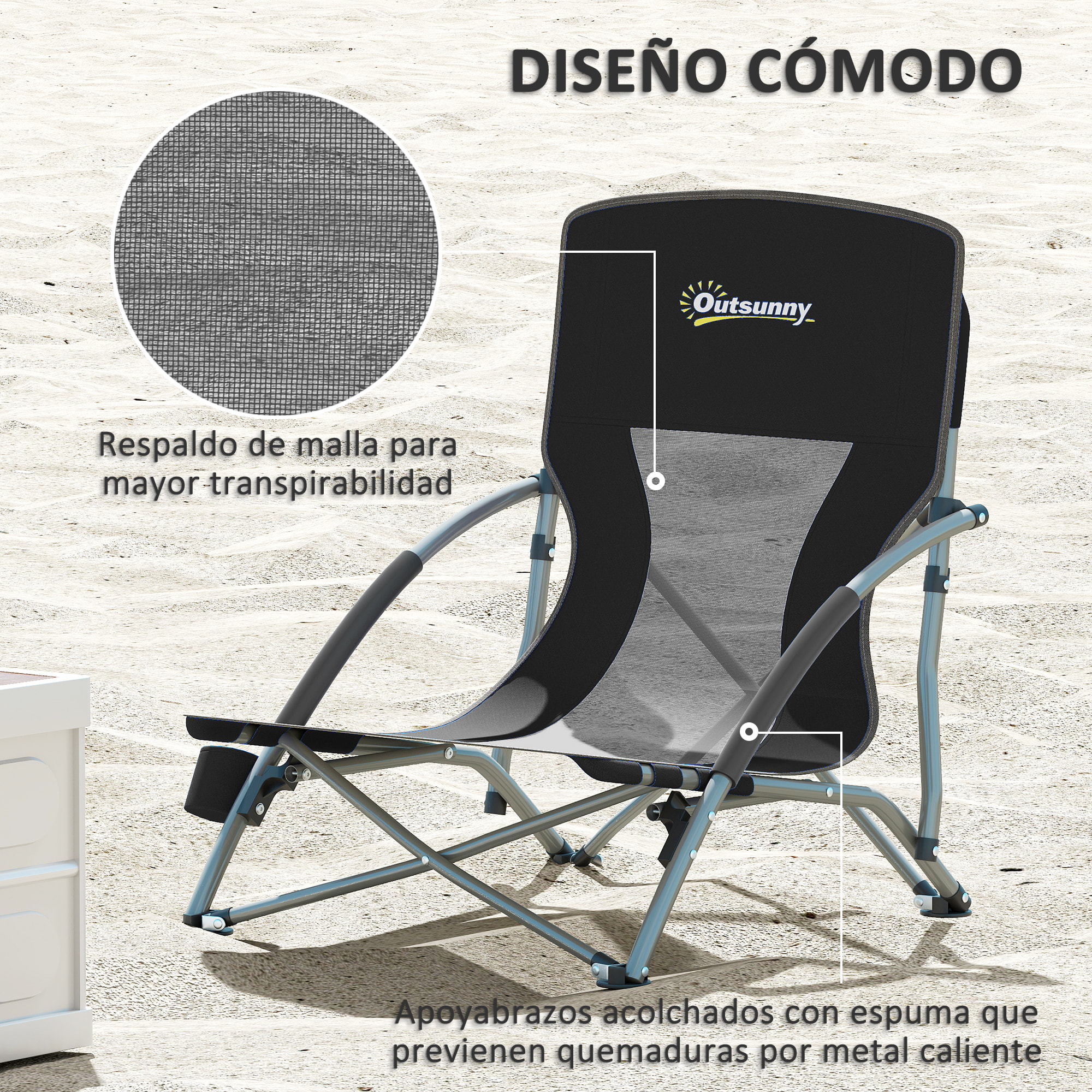 Pack de 2 Sillas de Playa Plegables Ligeras Sillas de Camping Portátiles Bajas con Respaldo de Malla Tela Oxford 600D Portavasos Reposabrazos Bolsa para Acampada Carga 120 kg Negro