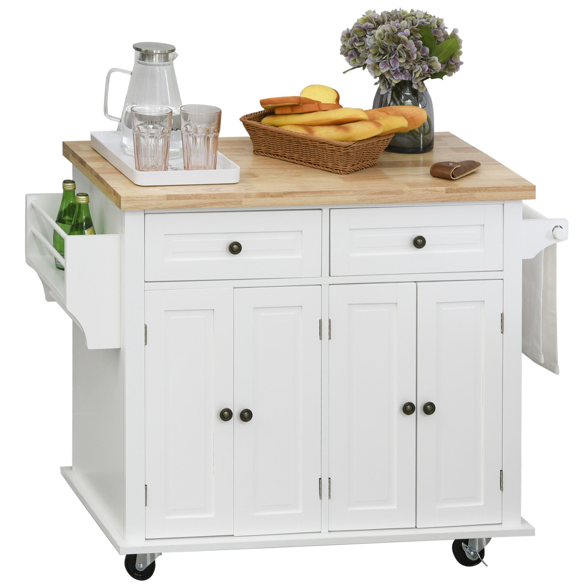 Desserte de cuisine multi rangements 2 tiroirs 2 placard 2 portes avec étagère range-bouteille porte-torchons MDF blanc hévéa