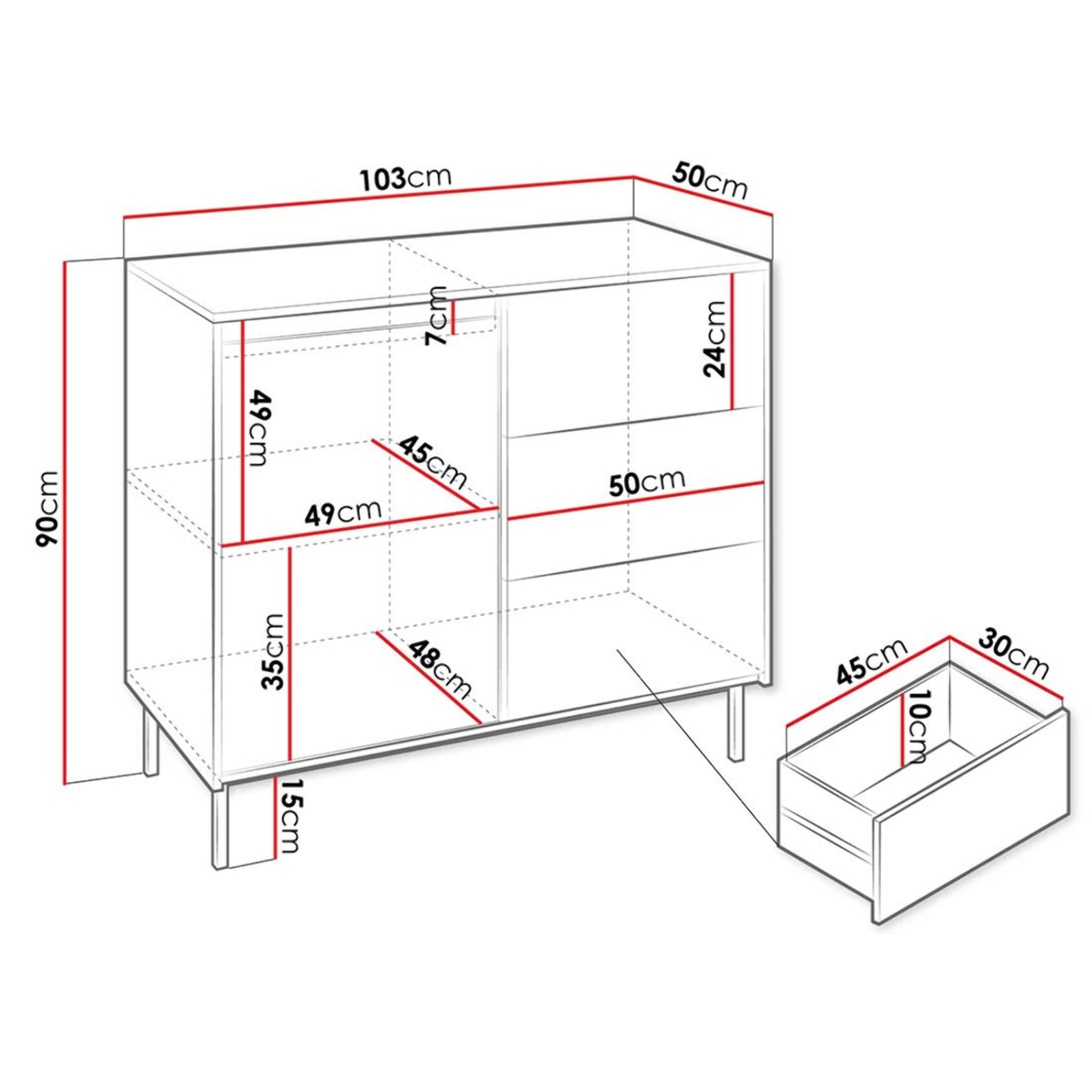Girona - buffet bas - blanc - 3 tiroirs et 1 porte - 103 cm - Blanc