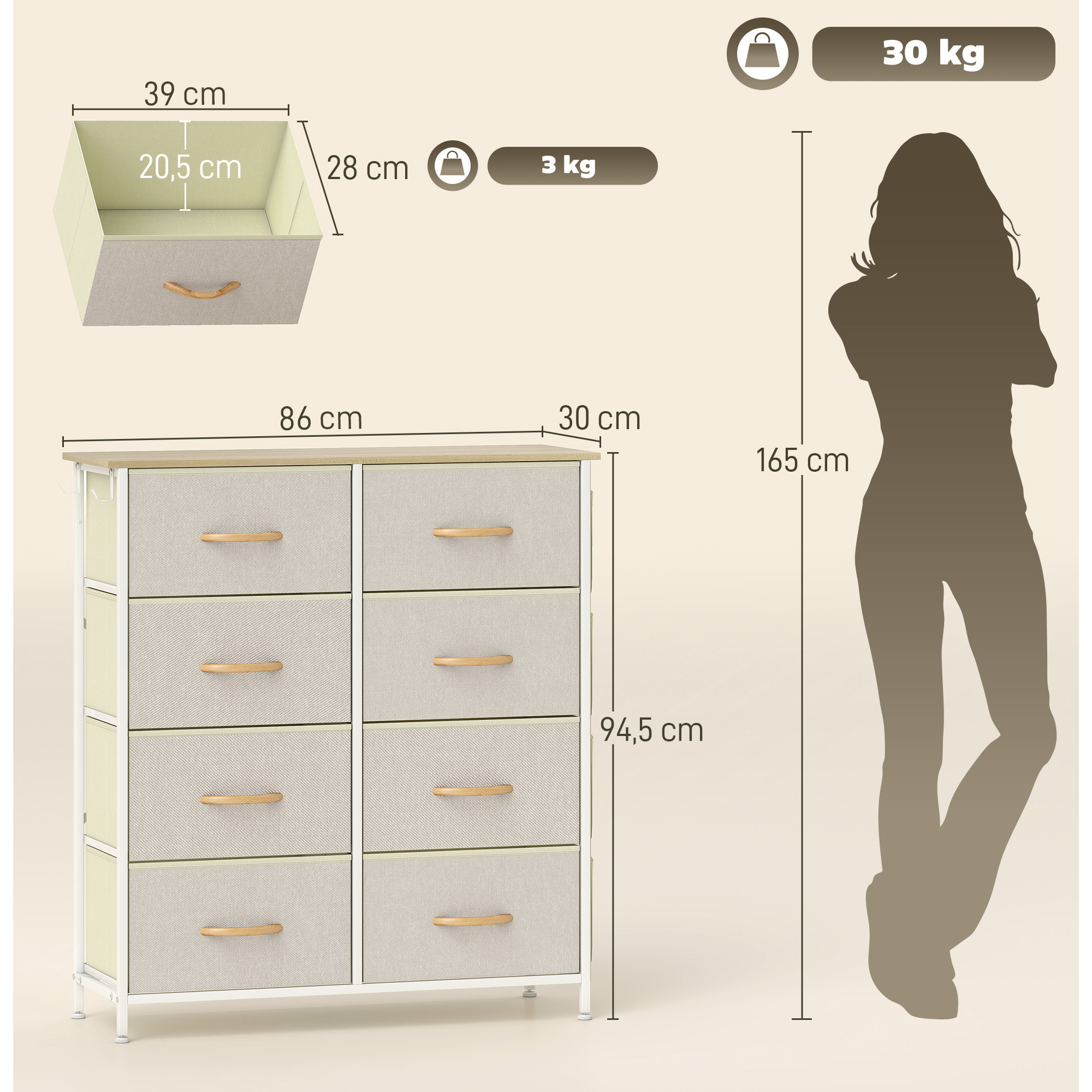 Commode 8 tiroirs en tissu beige 4 poches 2 crochets acier blanc effet bois