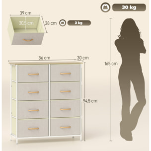 Commode 8 tiroirs en tissu beige 4 poches 2 crochets acier blanc effet bois