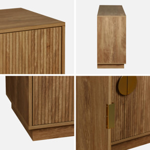 Buffet exotique 4 portes. effet bois de manguier rainuré. buffet bas. poignées en métal doré. L 160 x P 40 x H 75cm