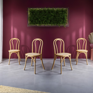 Lot de 4 chaises vintage en bois avec assise en rotin et dossier arrondi. coloris naturel. L 48 x P 49.5 x H 90cm
