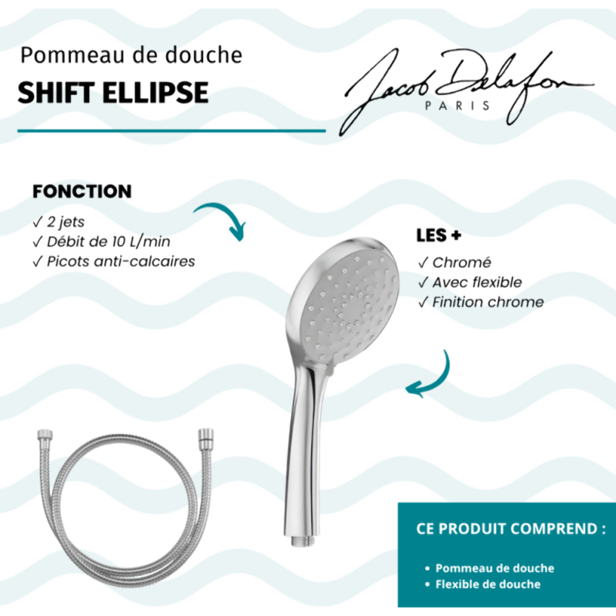 Pommeau de douche 3 jets Awaken organic + flexible anti torsion 175 cm métal chrome