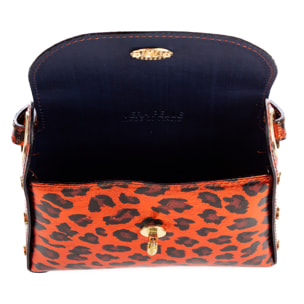 Aquileia bolso de mano mujer. Piel auténtica Gamuza con estampado animal print leopardo lacada brillante.
