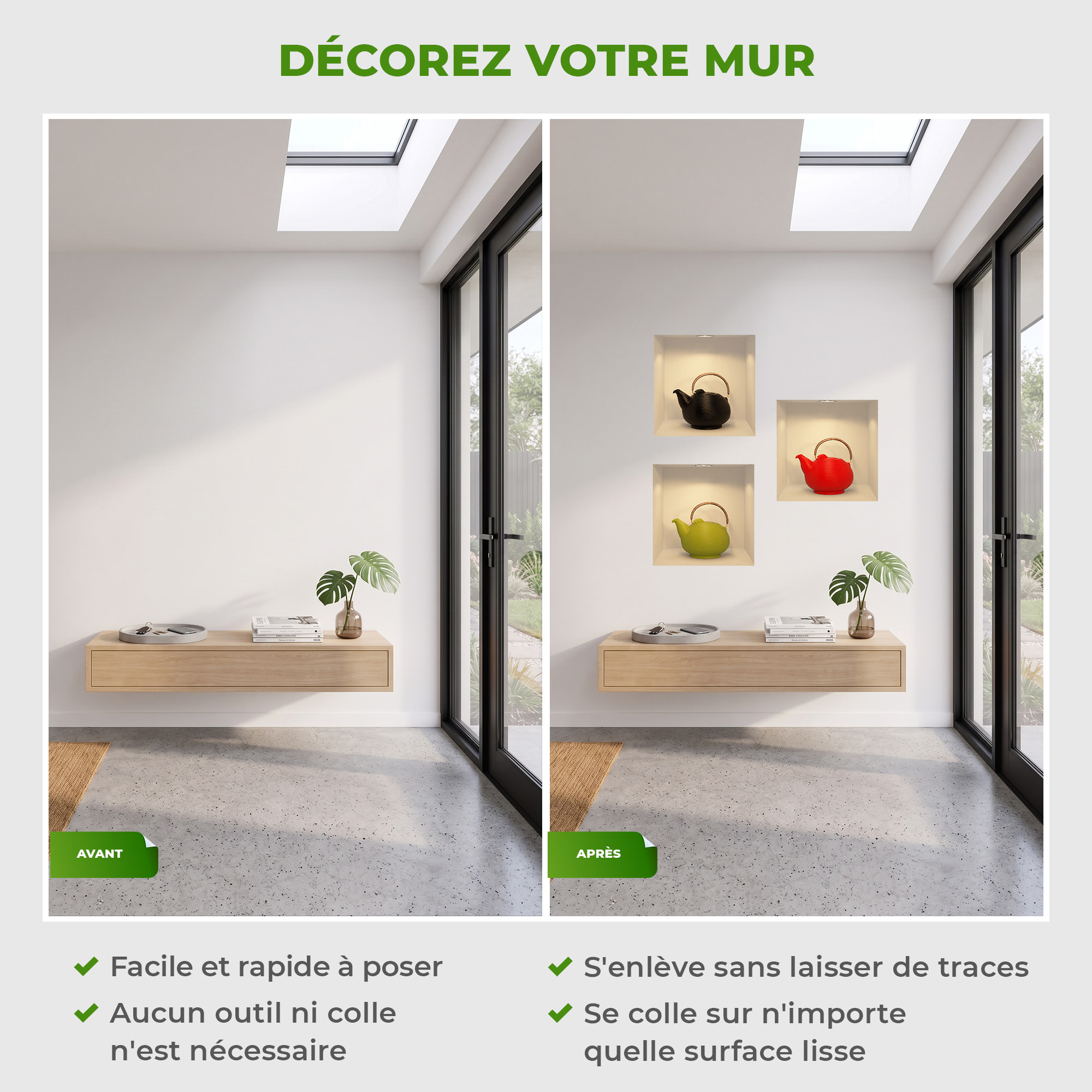 Stickers muraux 3D | Sticker Mural Autocollant effet 3D théière moderne - Stickers adhésifs 3D Chambre Salon Trompe l'oeil
