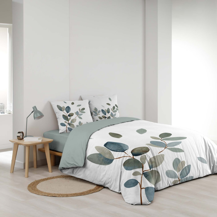 Parure de lit 3 pièces 100 % coton imprimé à motif végétal housse + taies - Bleu