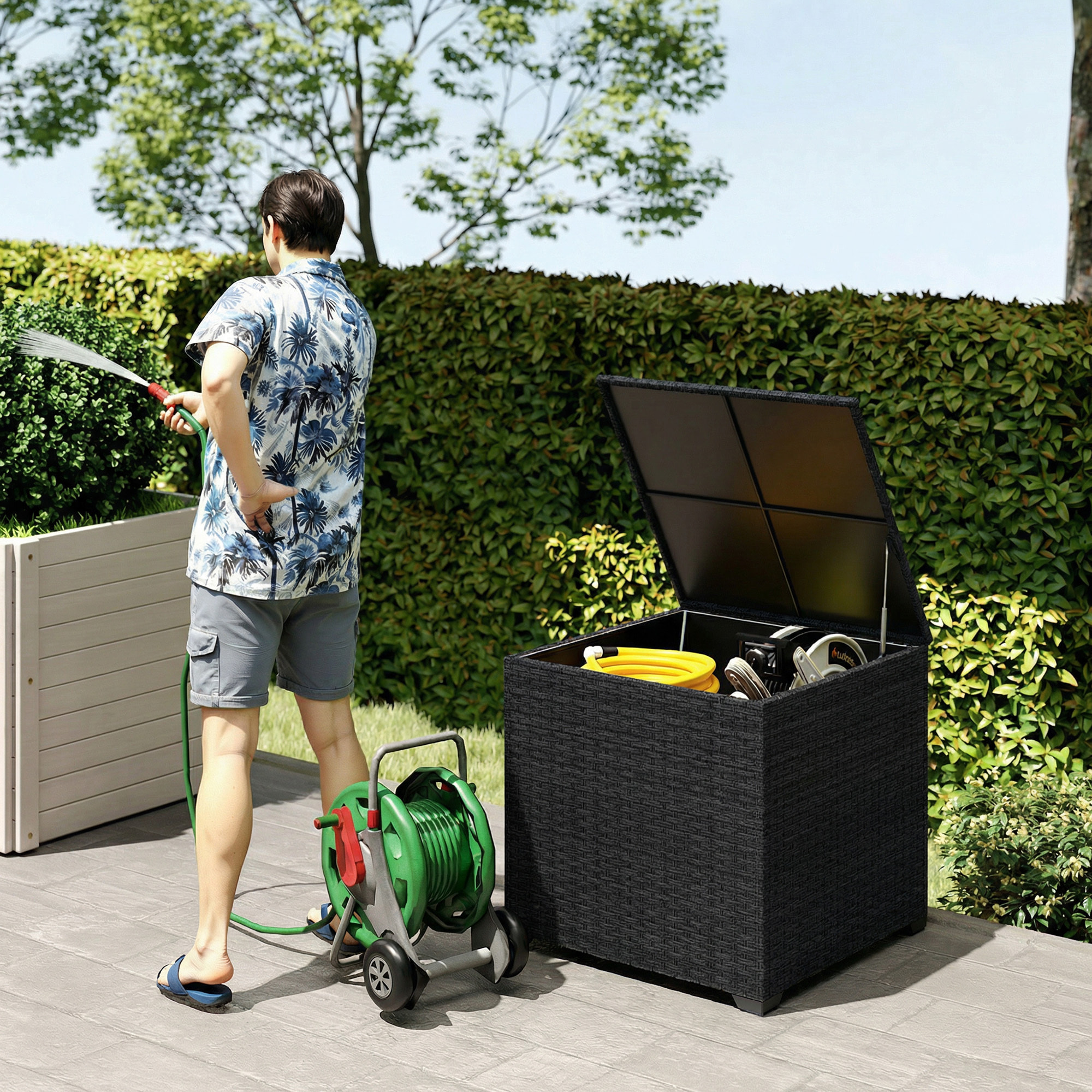 Baúl de Almacenaje Exterior de Ratán Sintético de 253L, Arcón Exterior con Varilla Hidráulica, Forro con Cremallera y Marco de Acero, Carga 50 kg, para Jardín, Terraza, 72x72x70 cm, Negro