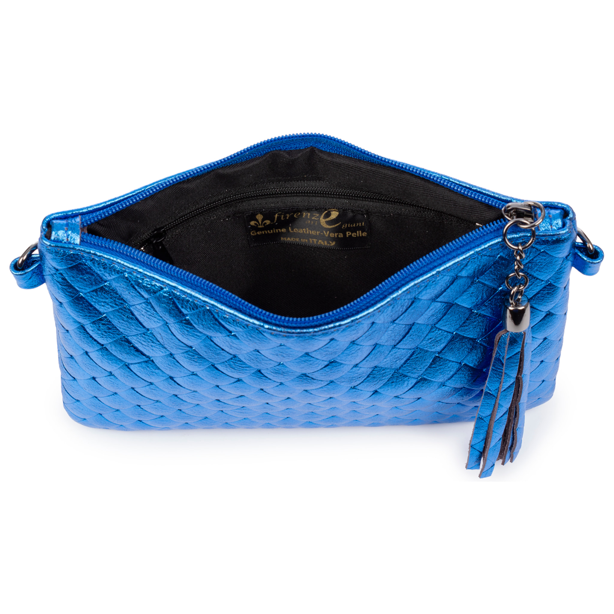 Oleggio bolso bandolera mujer. Piel auténtica Gamuza con grabado entrelazado y lacada brillante.