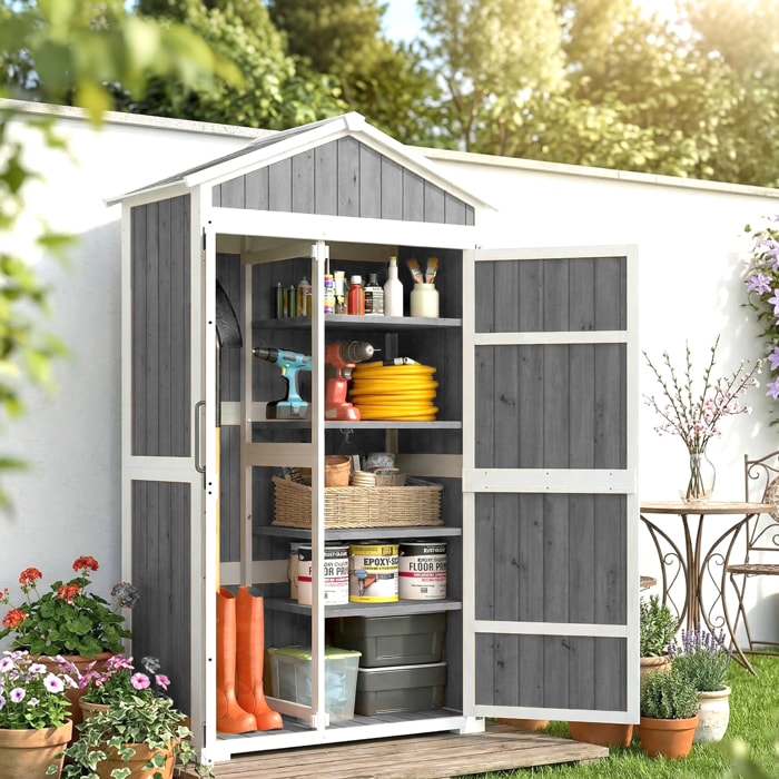 Armoire de jardin bois bicolore blanc gris toit double pente métal 4 étagères