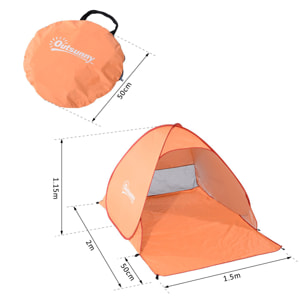 Abri de plage tente de plage pliable pop-up automatique instantané protection UV fenêtre arrière grand tapis de sol orange