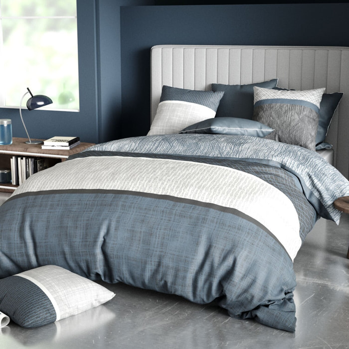 Parure housse de couette imprimé 100% coton - brehat - bleu gris
