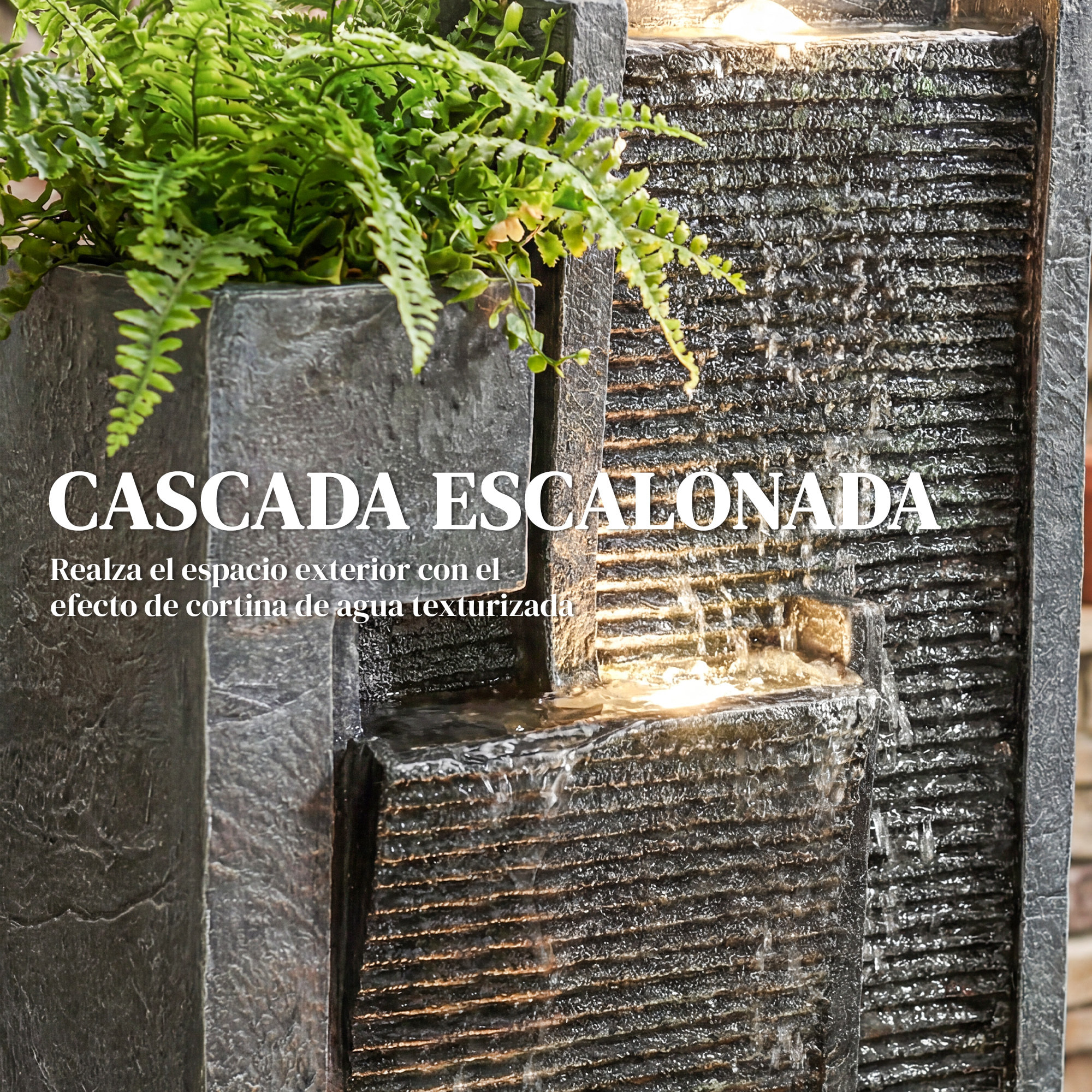 Fuente de Agua Decorativa con Iluminación LED y Maceta, Fuente de Jardín Exteror en Cascada de 3 Niveles, con Bomba, Resistente a la intemperie, para Jardín, Patio, 38x19x101 cm, Gris Oscuro