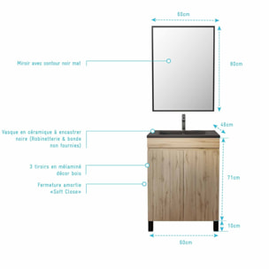 Meuble salle de bains 60cm décor chene naturel 2 portes - Vasque noire et Miroir - TIMBER