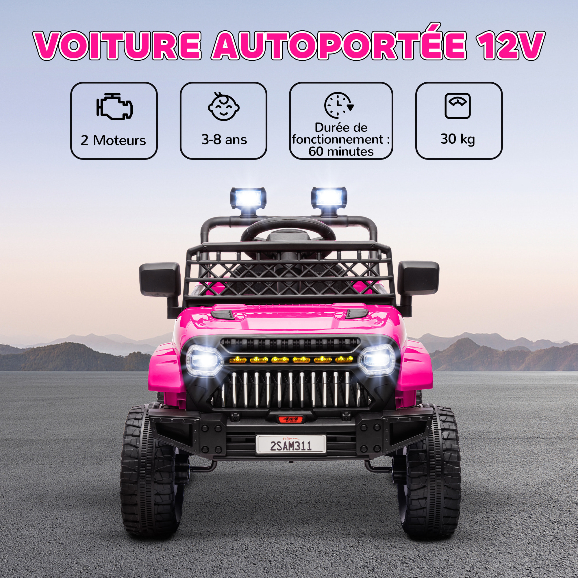 Voiture électrique enfant 4x4 12V 2 moteurs - 3-5Km/h - port USB effets sonores lumineux télécommande - rose