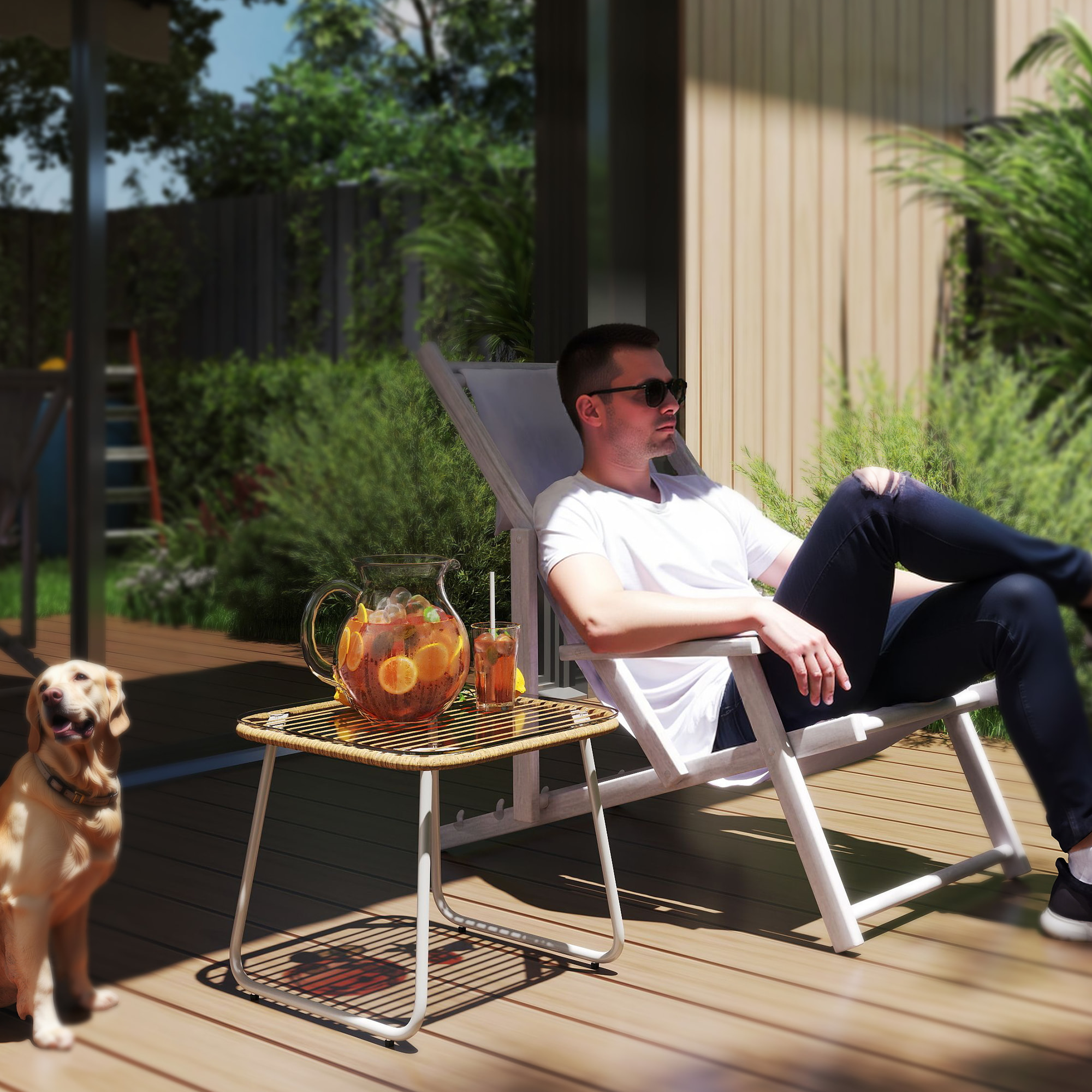 Mesa de Jardín de Ratán Sintético Mesa para Exterior con Encimera de Vidrio Templado y Patas Ajustables Mesita Auxiliar para Patio Terraza Balcón Natural y Blanca