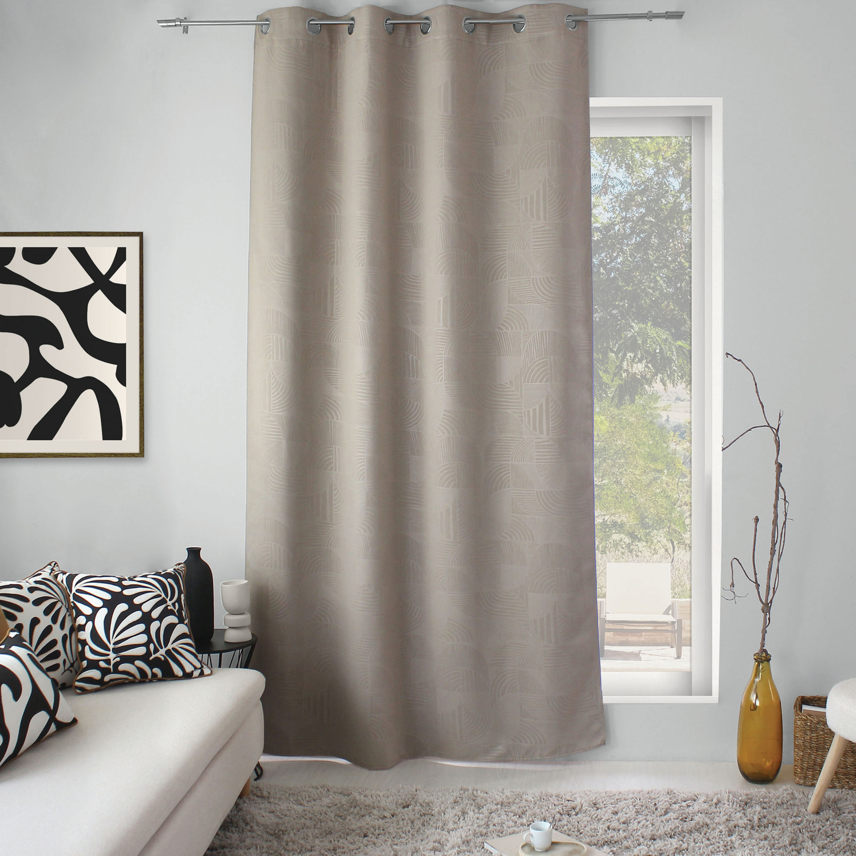 Rideau à oeillets occultant imprimé géométrique - Naturel