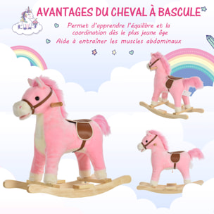 Cheval à bascule selle grand confort peluche courte douce bois peuplier rose dim. 65L x 32,5l x 61H cm