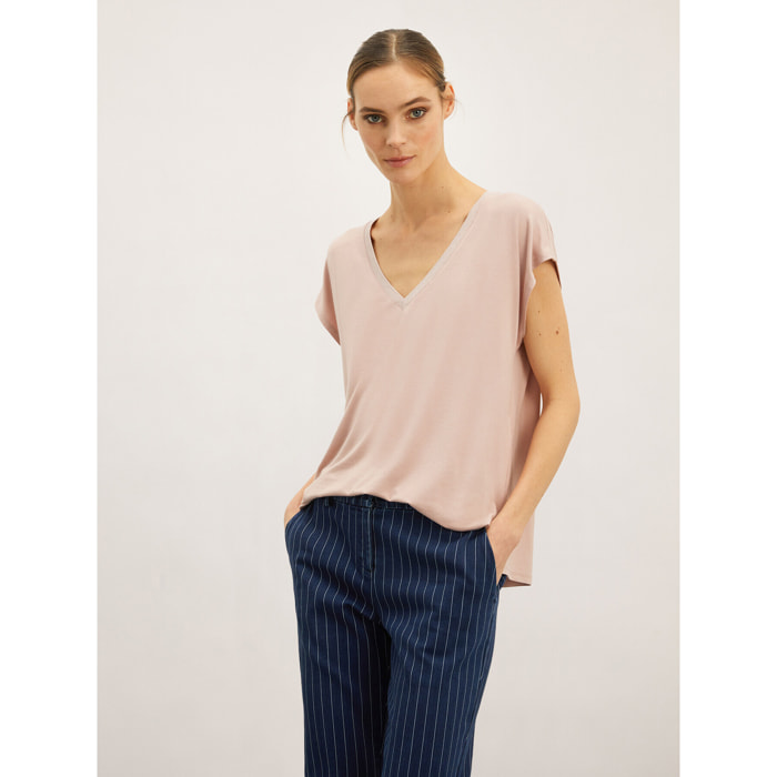 Motivi - T-shirt scollo a v con bordo lurex - Rosa