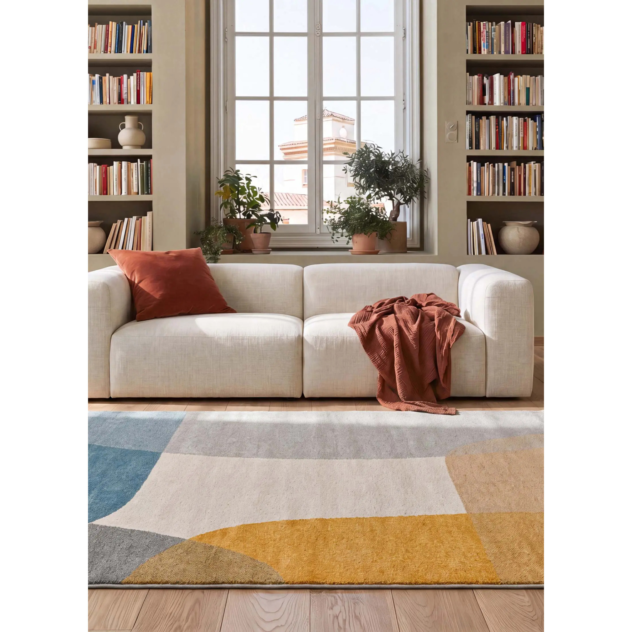 MONIC Alfombra con formas en crema, mostaza y azul, varias medidas disponibles