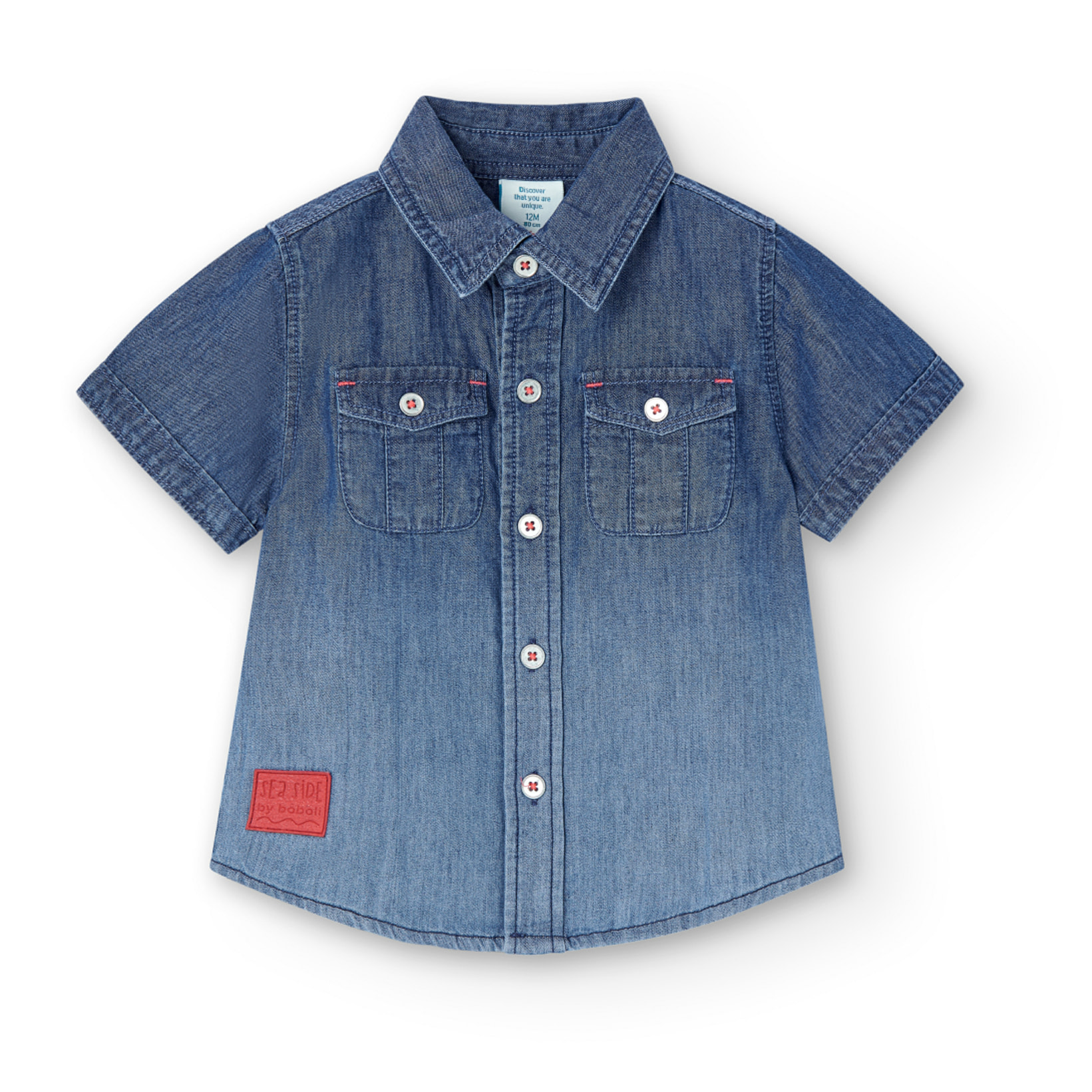Camisa denim para niÃ±o con cuello camisero y mangas cortas