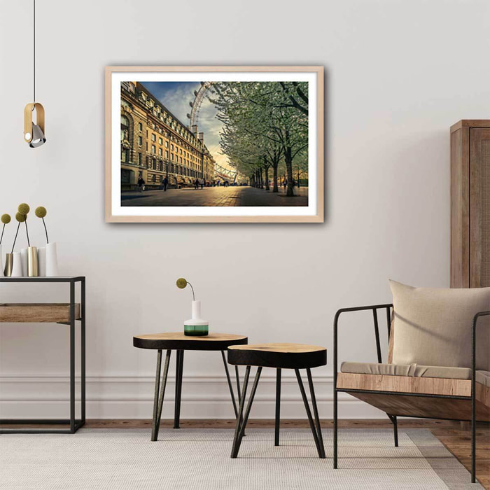 Affiche lumière sur London Eye Affiche + cadre en bois - Chêne