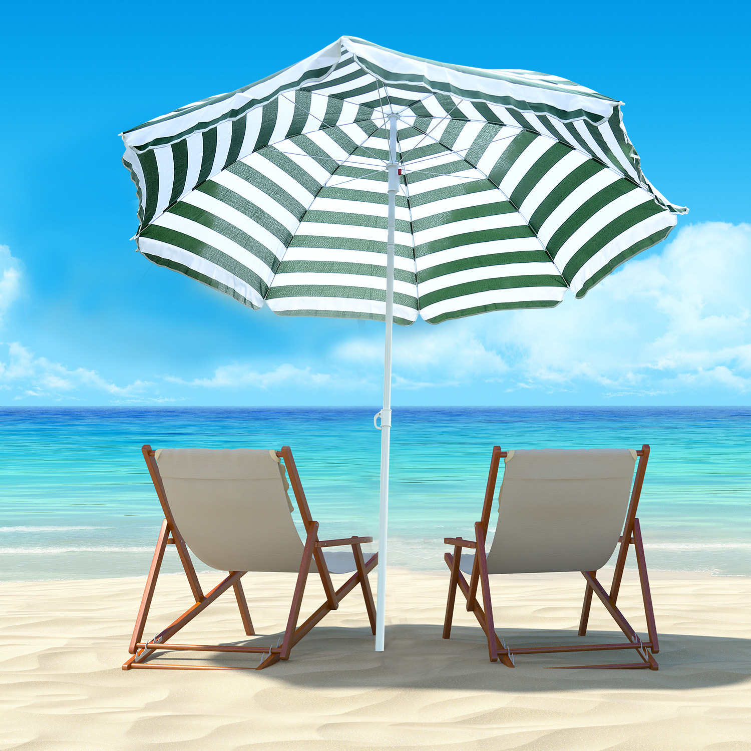 Parasol inclinable octogonal de plage Ø 180 cm tissu polyester haute densité anti-UV mât démontable vert blanc rayé