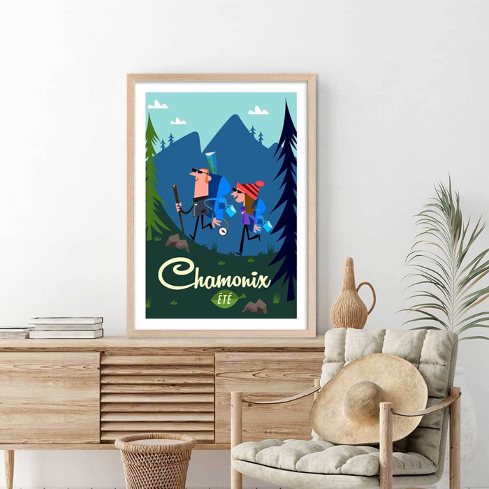 Poster de rando à chamonix Affiche + cadre en bois - Chêne