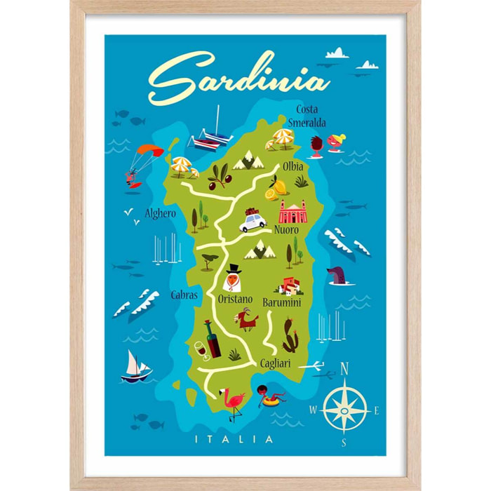Poster de tourisme en sardaigne Affiche + cadre en bois - Chêne