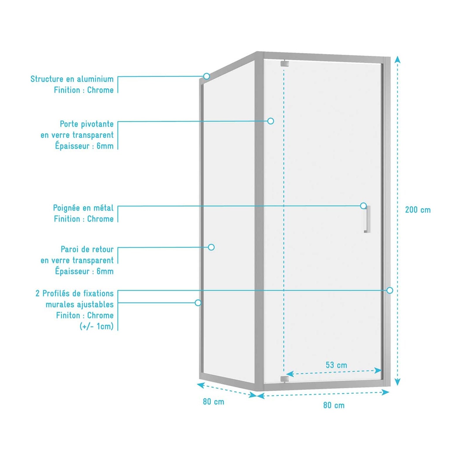 Porte de Douche Pivotante et Retour 80x80x200cm - Profilés Chrome - Verre trempé 6mm