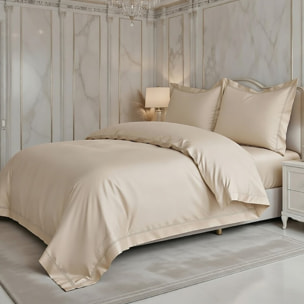 Parure housse de couette satin coton 120 fils brodé unie beige