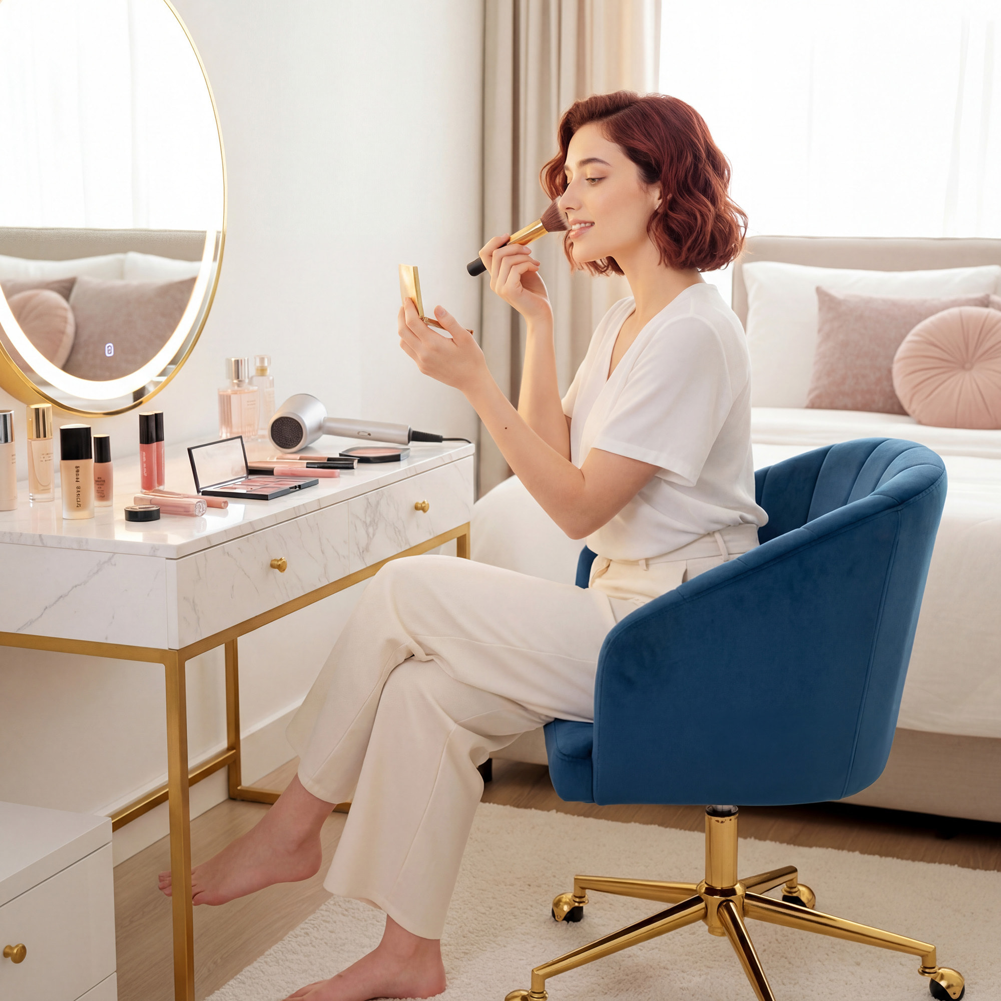 Silla de Oficina con Ruedas, Silla de Escritorio de Terciopelo con Respaldo Acolchado con Costuras, Asiento Ancho, Altura Ajustable, Espuma de Alta Resiliencia, para Casa, Oficina, Azul