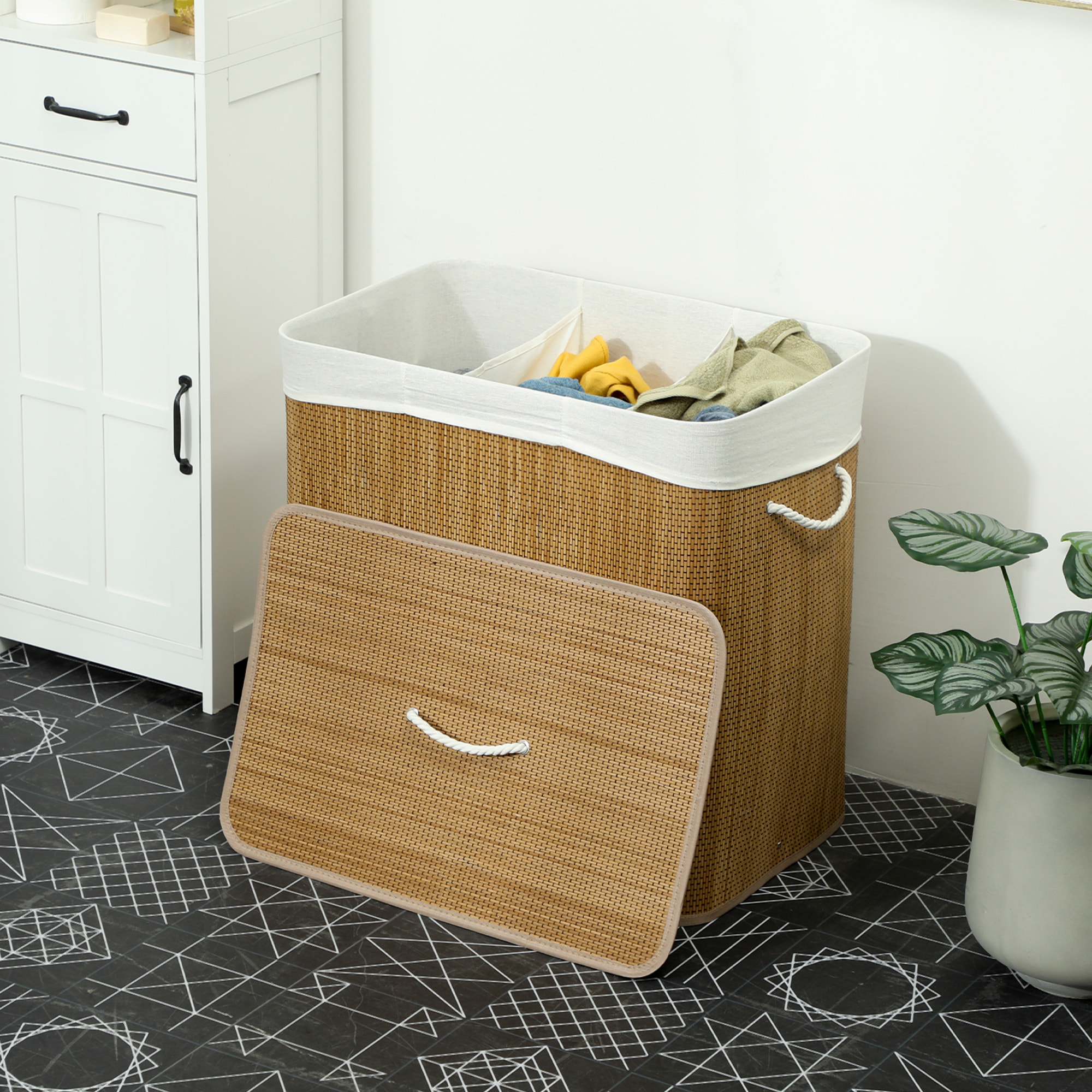 Panier à linge double 144L - corbeille à linge avec couvercle et poignées - tissage bambou naturel