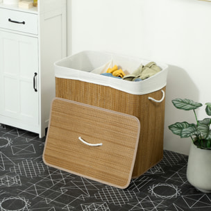 Panier à linge double 144L - corbeille à linge avec couvercle et poignées - tissage bambou naturel
