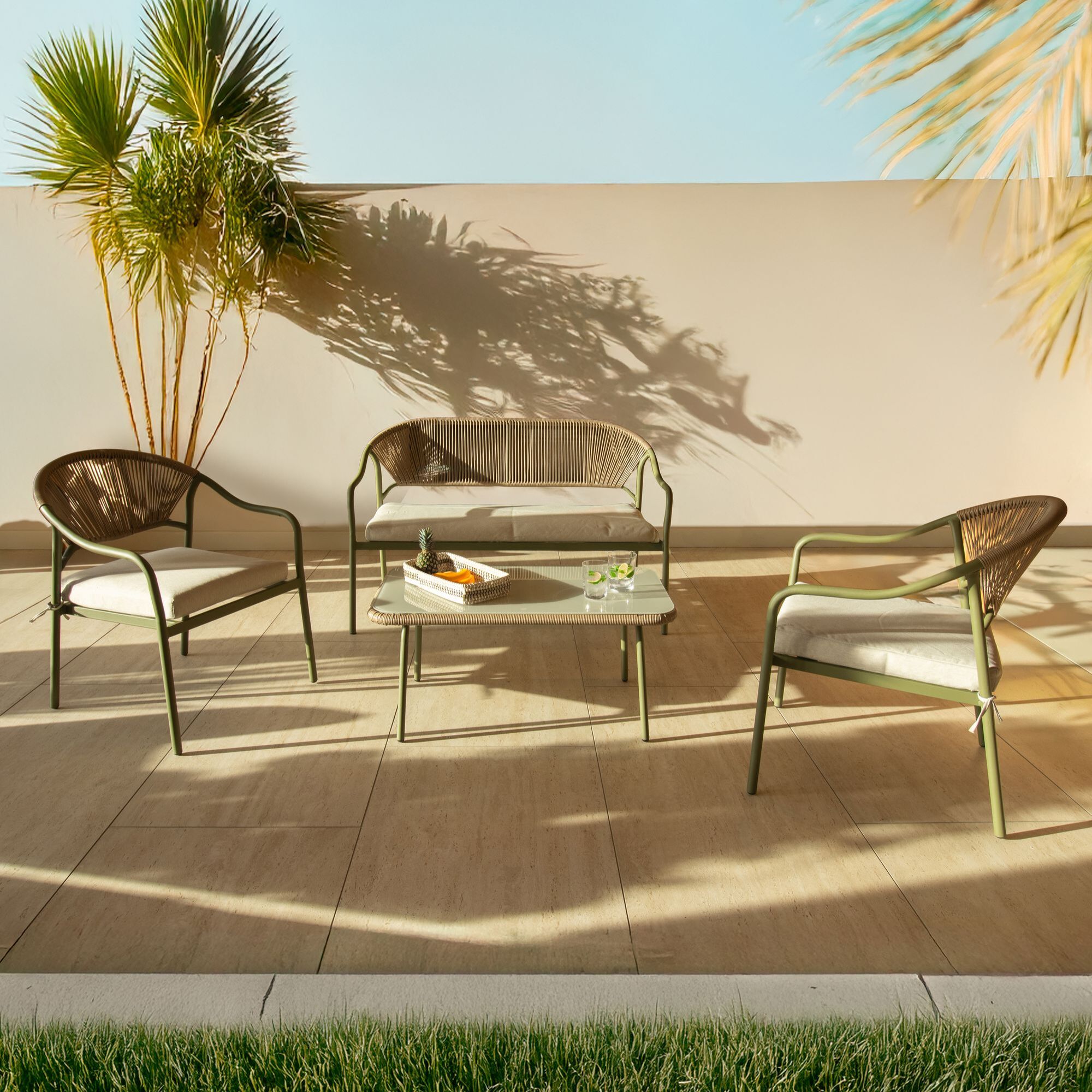 Salon de jardin vert 4 places acier et rotin synthétique SANTORINI