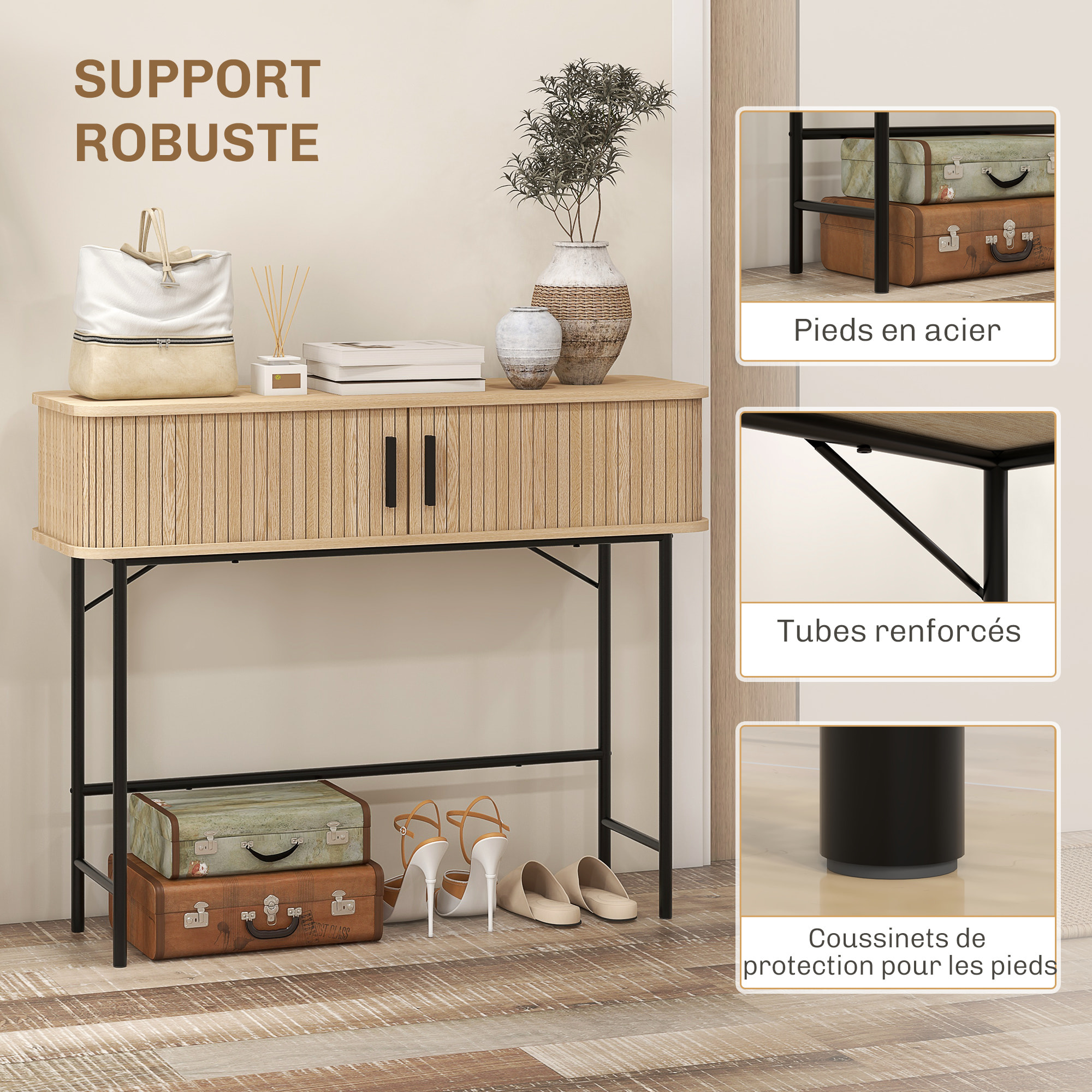 Console 2 portes coulissantes design naturel piètement acier noir effet bois clair
