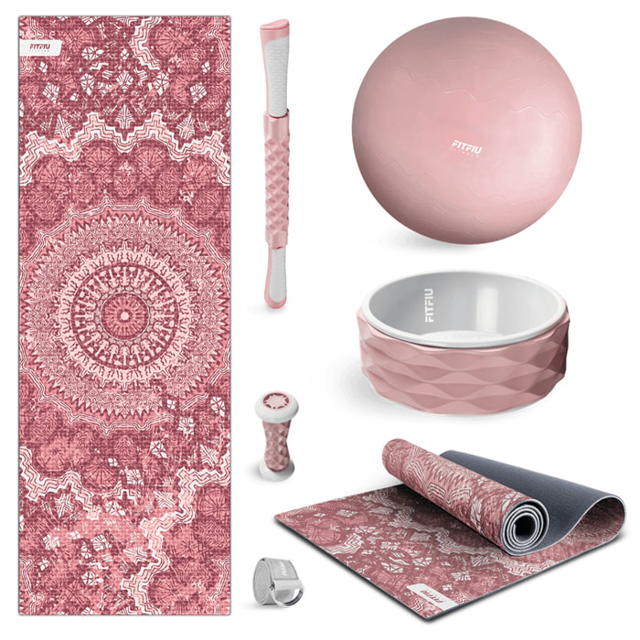 Pack accesorios yoga rosa FITFIU esterilla, bola, rueda, barra, correa