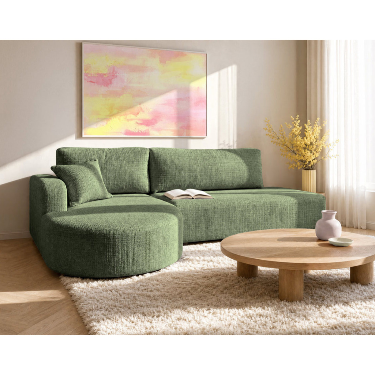Miro - Canapé d'angle gauche 4 places convertible avec coffre en velours texturé - Vert sauge