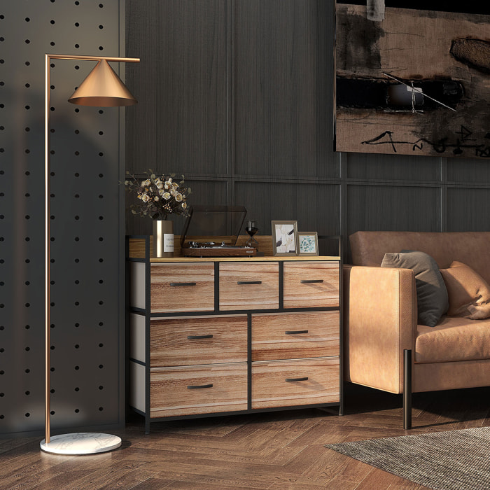 Commode 7 tiroirs non tissés pliables - structure acier noir - plateau MDF - aspect bois