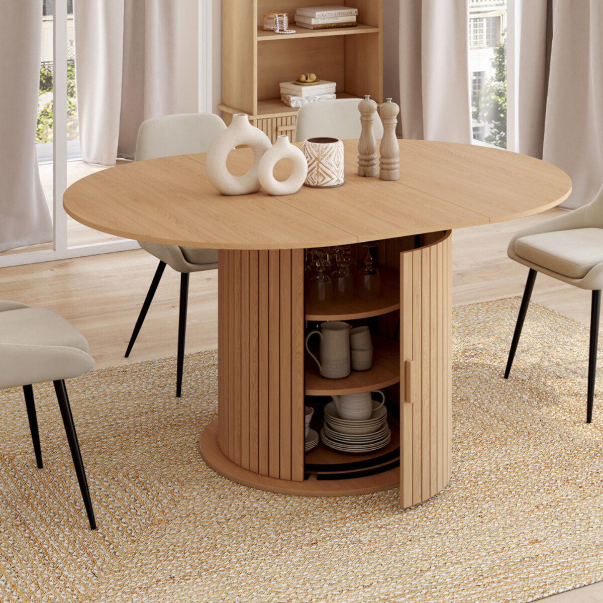 Table à manger ronde extensible Albane Ø110-150cm avec rangements
