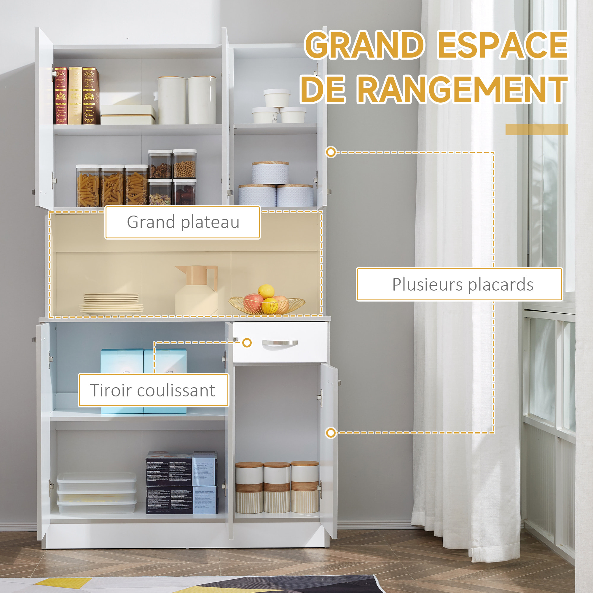 Buffet haut multi-rangement - 6 portes, tiroir, grand plateau - dim. 101L x 39l x 180H cm - panneaux particules blanc gris