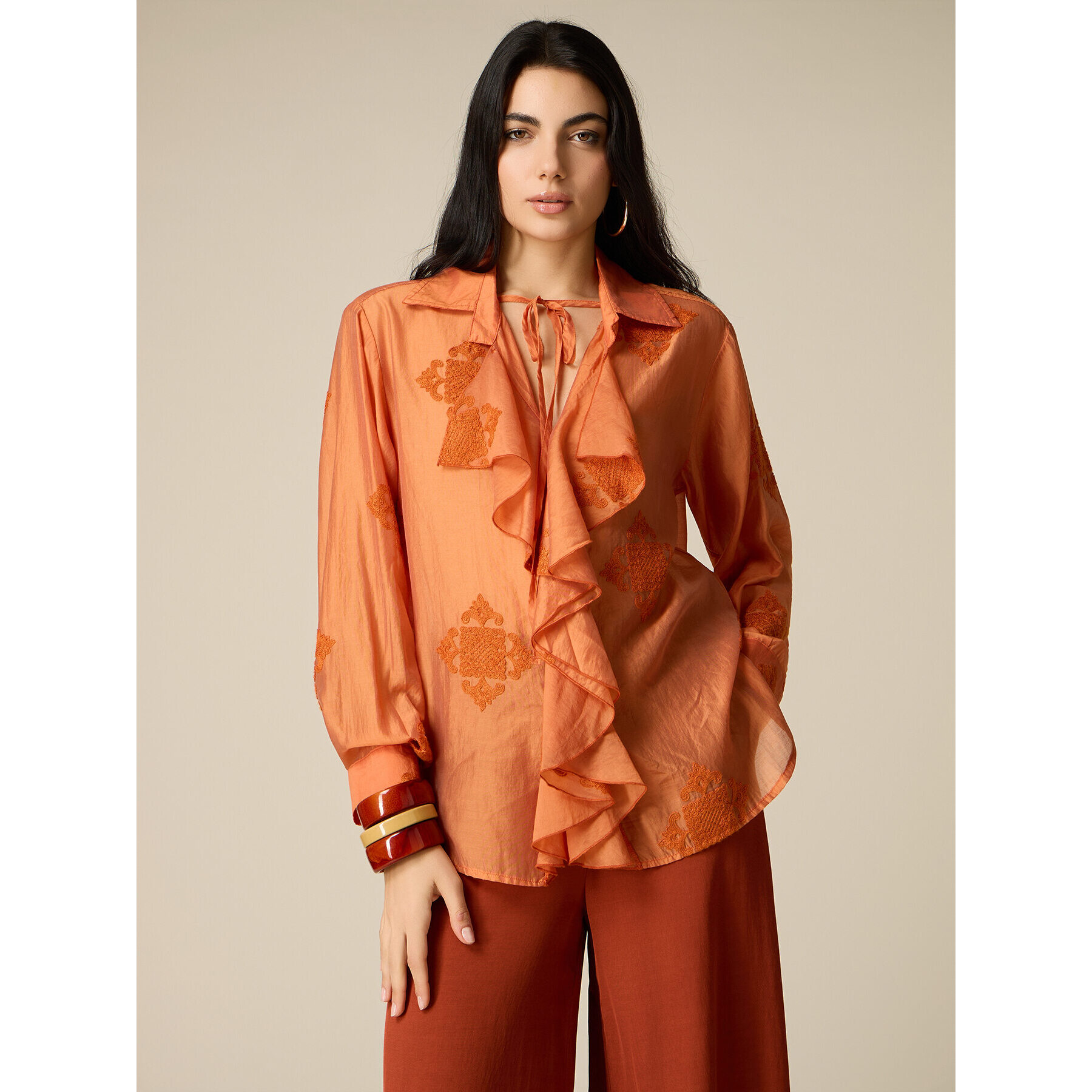 Oltre - Blusa misto lyocell con ricami - Arancione