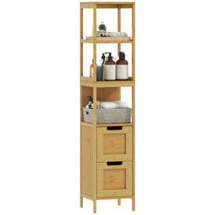 Armario de Baño Alto, Columna de Baño Estrecha con 3 Estantes y 2 Cajones de Bambú, Estilo Moderno, 30x30x144,3 cm, Natural