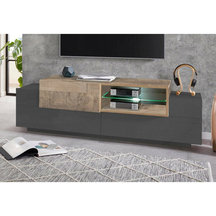 Mobile porta TV Andris, Credenza bassa da soggiorno, Base porta televisione, 100% Made in Italy, cm 160x45h51, Antracite e Acero