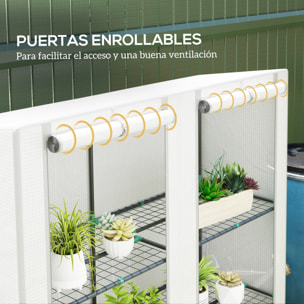 Invernadero de Exterior con Techo Inclinado Invernadero Pequeño con 3 Estantes 2 Puertas Enrollables Cubierta de PE y Marco de Acero para Cultivos Plantas Flores 144x48x152 cm Blanco
