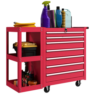 Carro de Herramientas con 7 Cajones, Carro de Taller con Estantería de 3 Niveles Desmontable, Sistema de Cierre Central, Asa, 2 Ruedas con Freno de Bloqueo, Rojo