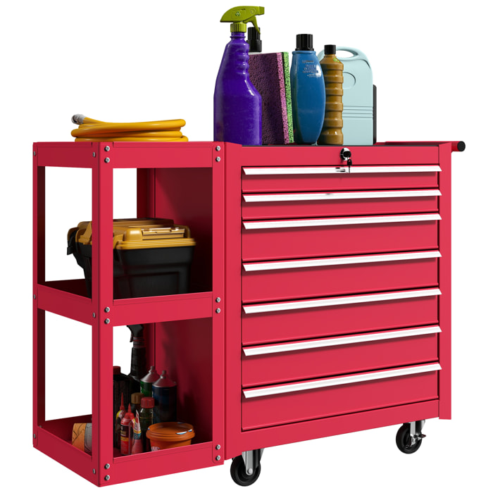 Carro de Herramientas con 7 Cajones, Carro de Taller con Estantería de 3 Niveles Desmontable, Sistema de Cierre Central, Asa, 2 Ruedas con Freno de Bloqueo, Rojo